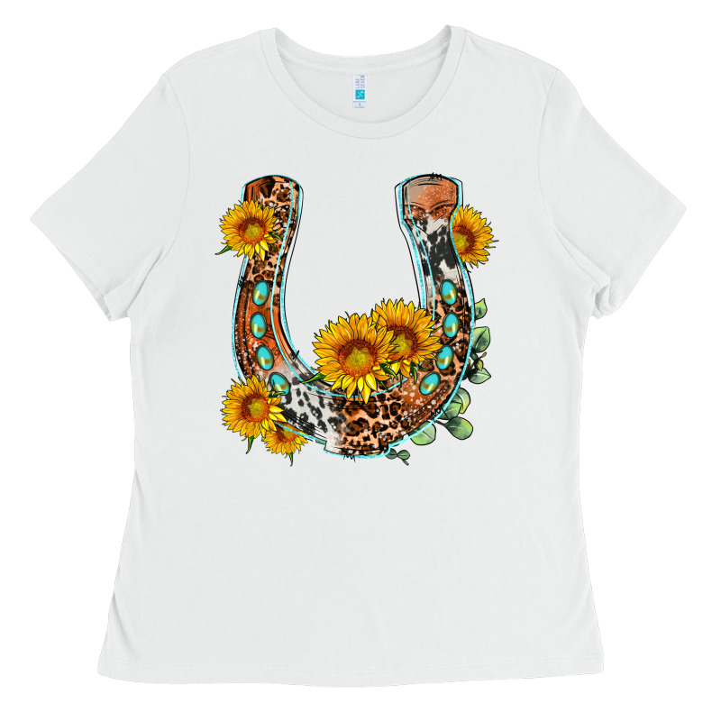 Western Leopard Cowhide Sunflowers Horseshoe Ladies Tee by OliviaCreatesArt | Teevron