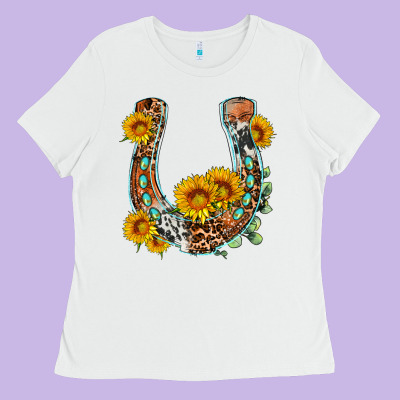 Western Leopard Cowhide Sunflowers Horseshoe Ladies Tee Designed By Oliviacreatesart