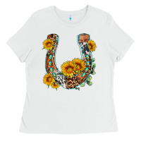 White western leopard cowhide sunflowers horseshoe Ladies Tee - OliviaCreatesArt