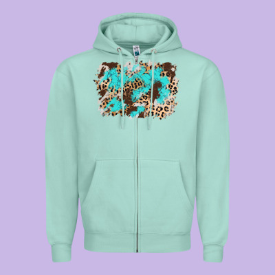 Cowhide Leopard Turquoise Background Zipper Hoodie Designed By Adodesignshop