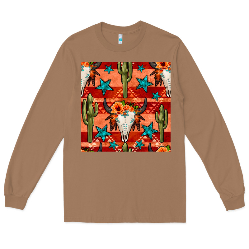 Bull Skull Cactus Seamless Pattern Long Sleeve Tee by BundleAndBundleShop | Teevron