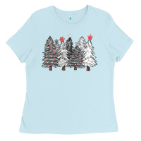 Baby Blue black and white christmas trees with lights Ladies Tee - FaDigitalArtStudio