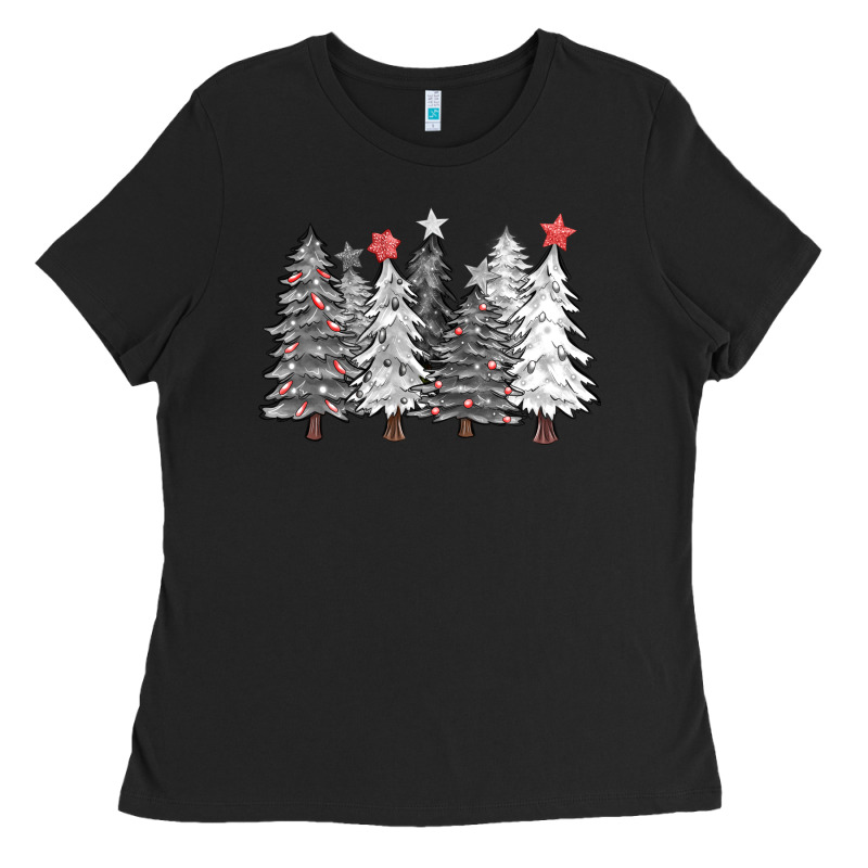 Black And White Christmas Trees With Lights Ladies Tee by FaDigitalArtStudio | Teevron