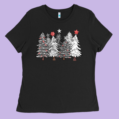 Black And White Christmas Trees With Lights Ladies Tee Designed By Fadigitalartstudio