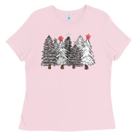 Bubblegum Pink black and white christmas trees with lights Ladies Tee - FaDigitalArtStudio