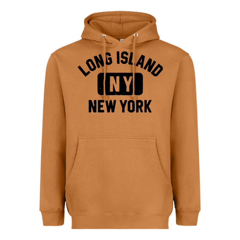Long Island Ny Gym Style Distressed Amber Print Heavyweight Hoodie by artisFamous | Teevron
