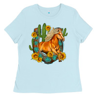 Baby Blue western horse cactus sunflowers horseshoe Ladies Tee - OliviaCreatesArt