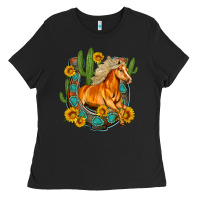 Black western horse cactus sunflowers horseshoe Ladies Tee - OliviaCreatesArt
