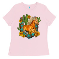 Bubblegum Pink western horse cactus sunflowers horseshoe Ladies Tee - OliviaCreatesArt