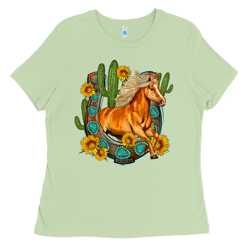Western Horse Cactus Sunflowers Horseshoe Ladies Tee by OliviaCreatesArt | Teevron