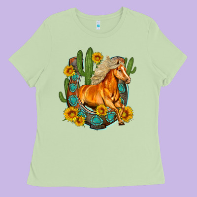 Western Horse Cactus Sunflowers Horseshoe Ladies Tee Designed By Oliviacreatesart