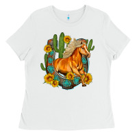 White western horse cactus sunflowers horseshoe Ladies Tee - OliviaCreatesArt