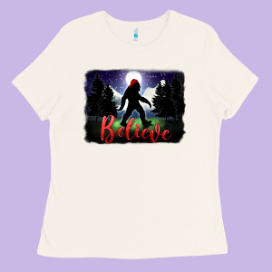Bigfoot Believe Christmas Ladies Tee Designed By Fadigitalartstudio