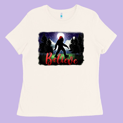 Bigfoot Believe Christmas Ladies Tee Designed By Fadigitalartstudio