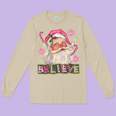 Pink Believe Santa Christmas Long Sleeve Tee Designed By Fadigitalartstudio