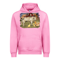 Fuchsia Pink charolaris bull and chicken in barnyard Urban Hoodie - RanaPortraitStore