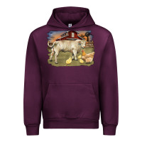 Mauve Wine charolaris bull and chicken in barnyard Urban Hoodie - RanaPortraitStore