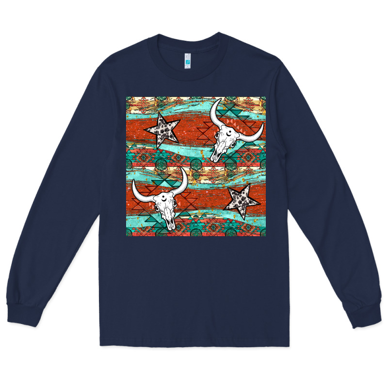 Western Aztec Bull Skull Stars Seamless Pattern Long Sleeve Tee by BundleAndBundleShop | Teevron