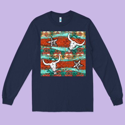Western Aztec Bull Skull Stars Seamless Pattern Long Sleeve Tee Designed By Bundleandbundleshop