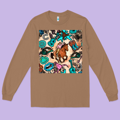 Western Cowgirl Seamless Pattern Long Sleeve Tee Designed By Bundleandbundleshop