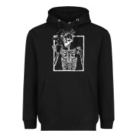 Black distressed skeleton vintage smiling skull drinking coffee Heavyweight Hoodie - artisFamous