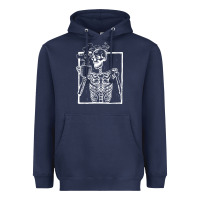 Navy distressed skeleton vintage smiling skull drinking coffee Heavyweight Hoodie - artisFamous