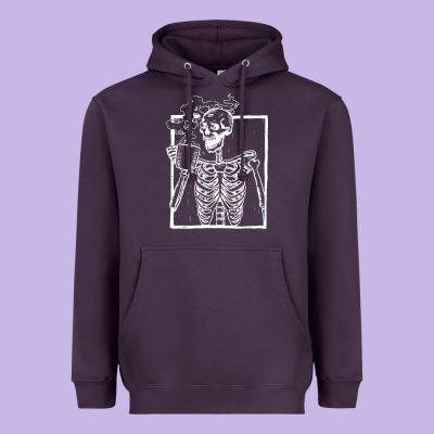Distressed Skeleton Vintage Smiling Skull Drinking Coffee Heavyweight Hoodie Designed By Artisfamous