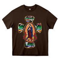 Chocolate Brown Our Lady Of Guadalupe Cross Heavy Core Tee - RanaPortraitStore