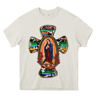 Cream Our Lady Of Guadalupe Cross Heavy Core Tee - RanaPortraitStore