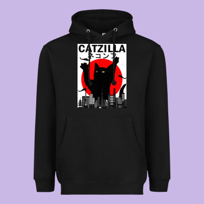 Vintage Catzilla Japanese Sunset Style Heavyweight Hoodie Designed By Artisfamous