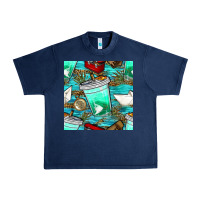 Navy fish coffee cups and reeds with paper boat and leopard lake seamless p Urban Heavy Tee - BundleAndBundleShop