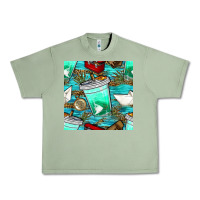 Oil Green fish coffee cups and reeds with paper boat and leopard lake seamless p Urban Heavy Tee - BundleAndBundleShop