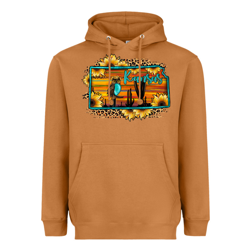 Kansas Owl Sunset Sunflower Map Heavyweight Hoodie by JahusDesignShop | Teevron