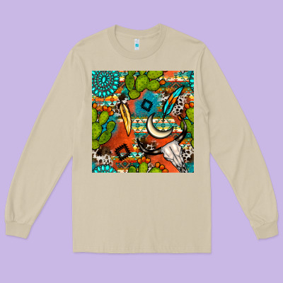 Western Cactus Aztec Seamless Pattern Long Sleeve Tee Designed By Bundleandbundleshop