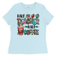 Baby Blue half teacher half coffee Ladies Tee - OliviaCreatesArt