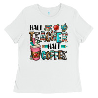 White half teacher half coffee Ladies Tee - OliviaCreatesArt