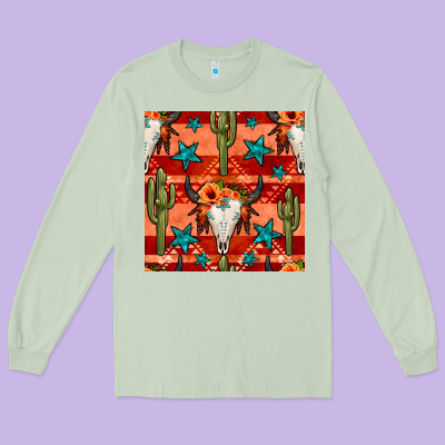 Bull Skull Cactus Seamless Pattern Long Sleeve Tee Designed By Bundleandbundleshop