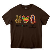 Chocolate Brown Peace Love Lady Of Guadalupe Heavy Core Tee - RanaPortraitStore