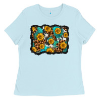 Baby Blue cowhide leopard turquoise sunflowers pattern olivia Ladies Tee - OliviaCreatesArt
