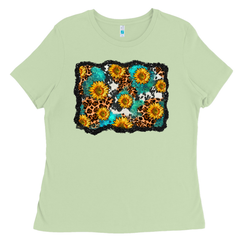 Cowhide Leopard Turquoise Sunflowers Pattern Olivia Ladies Tee by OliviaCreatesArt | Teevron