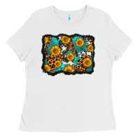 White cowhide leopard turquoise sunflowers pattern olivia Ladies Tee - OliviaCreatesArt