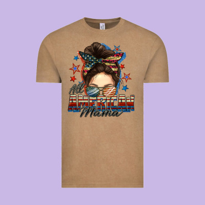 All American Mama Messy Bun 4th Of July Vintage Tee Designed By Fadigitalartstudio