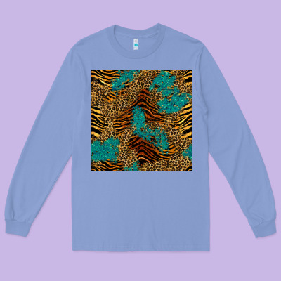 Tiger Leopard Turquoise Glitter Seamless Pattern Long Sleeve Tee Designed By Bundleandbundleshop