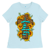 Baby Blue faith sunflower leopard cross olivia Ladies Tee - OliviaCreatesArt