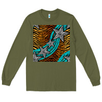 Army Green tiger turquoise glitter and stars seamless pattern Long Sleeve Tee - BundleAndBundleShop