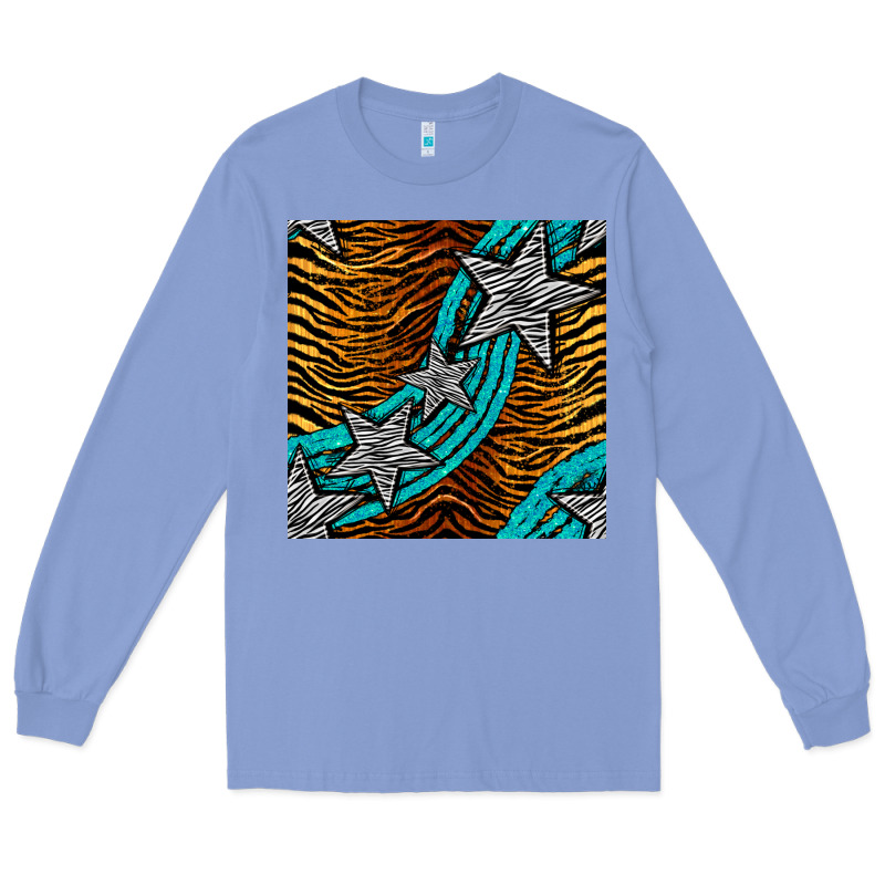 Tiger Turquoise Glitter And Stars Seamless Pattern Long Sleeve Tee by BundleAndBundleShop | Teevron