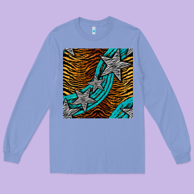 Tiger Turquoise Glitter And Stars Seamless Pattern Long Sleeve Tee Designed By Bundleandbundleshop