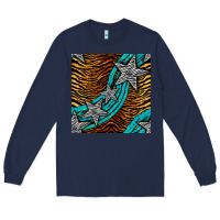 Navy tiger turquoise glitter and stars seamless pattern Long Sleeve Tee - BundleAndBundleShop