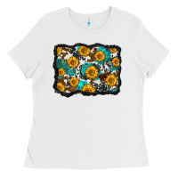 White cowhide  turquoise sunflowers pattern olivia Ladies Tee - OliviaCreatesArt