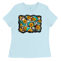 Baby Blue cowhide  turquoise sunflowers pattern olivia Ladies Tee - OliviaCreatesArt